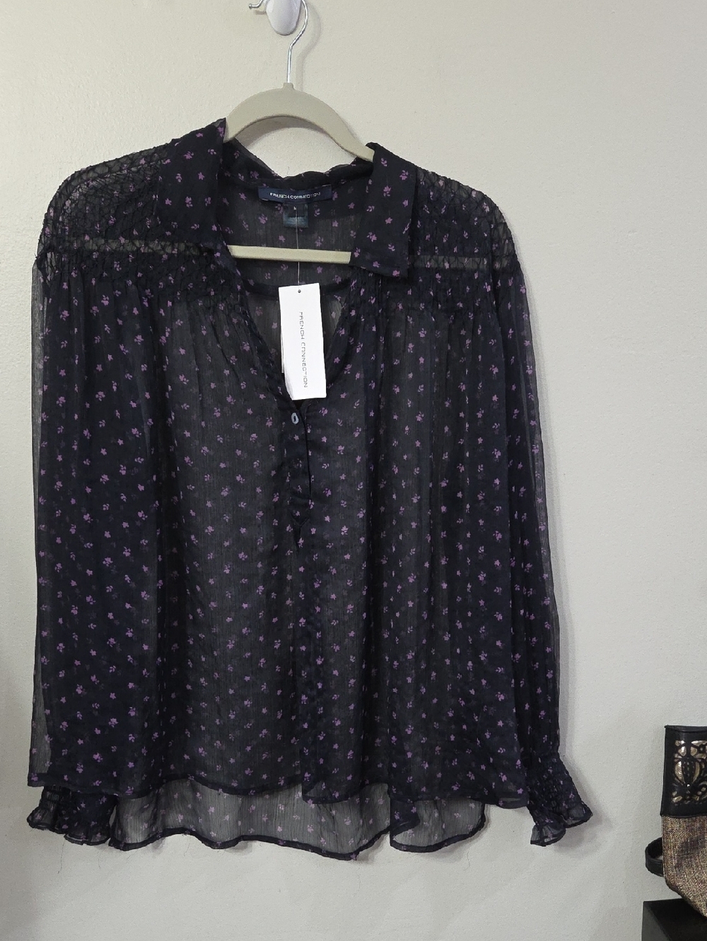French Connection Black Sheer Blouse with Purple Floral Print